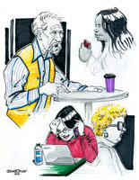 Sketches in pencil, ink, and marker of random people at the local cafe