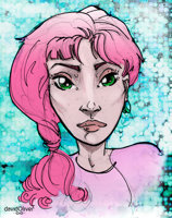 Colored sketch of a pretty girl with pink hair and green eyes