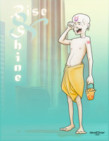 Illustration of young Hindu monk carrying a water pot with a barcode tattoo on his shoulder