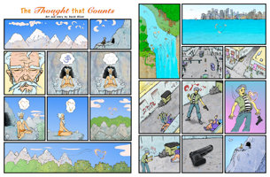 2-page comic depicting a holy man in a mountain cave projecting love so strong that it disarms a man who is about to commit murder